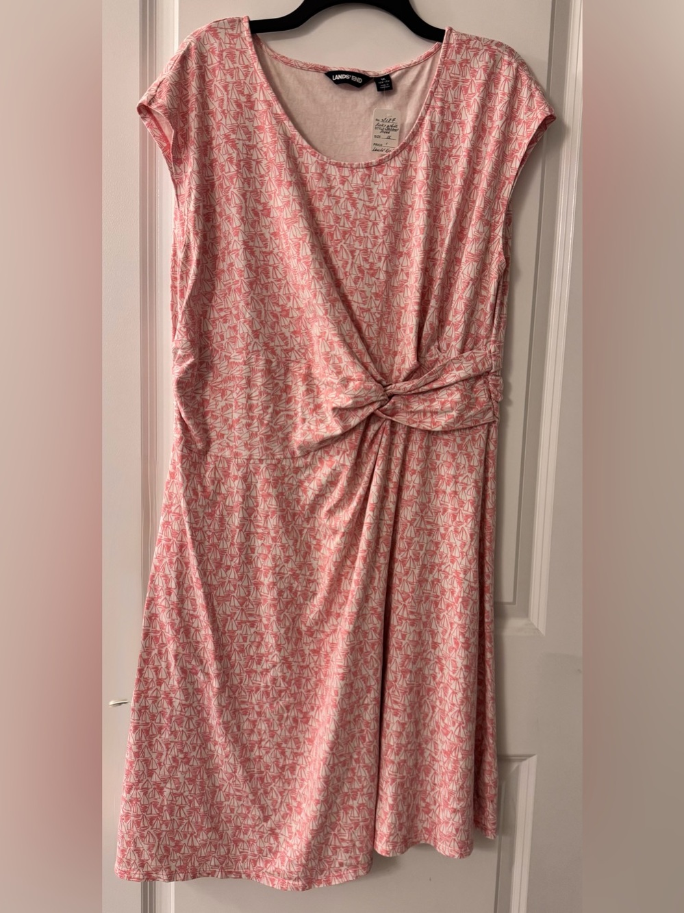 #2187 - Lands’ End Sleeveless Ruched Knot Front White Pink Sailboats Midi Dress